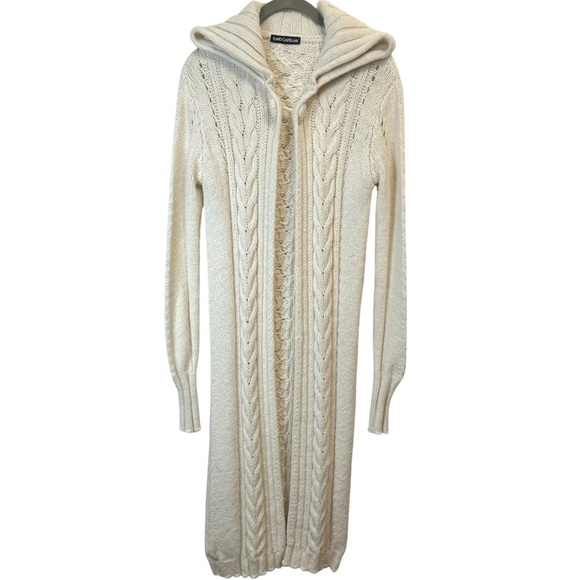Flavio Castellani Sweaters - Flavio Castellani Cream Chunky Alpaca Wool Cable Knit Hooded Long Cardigan SZ S